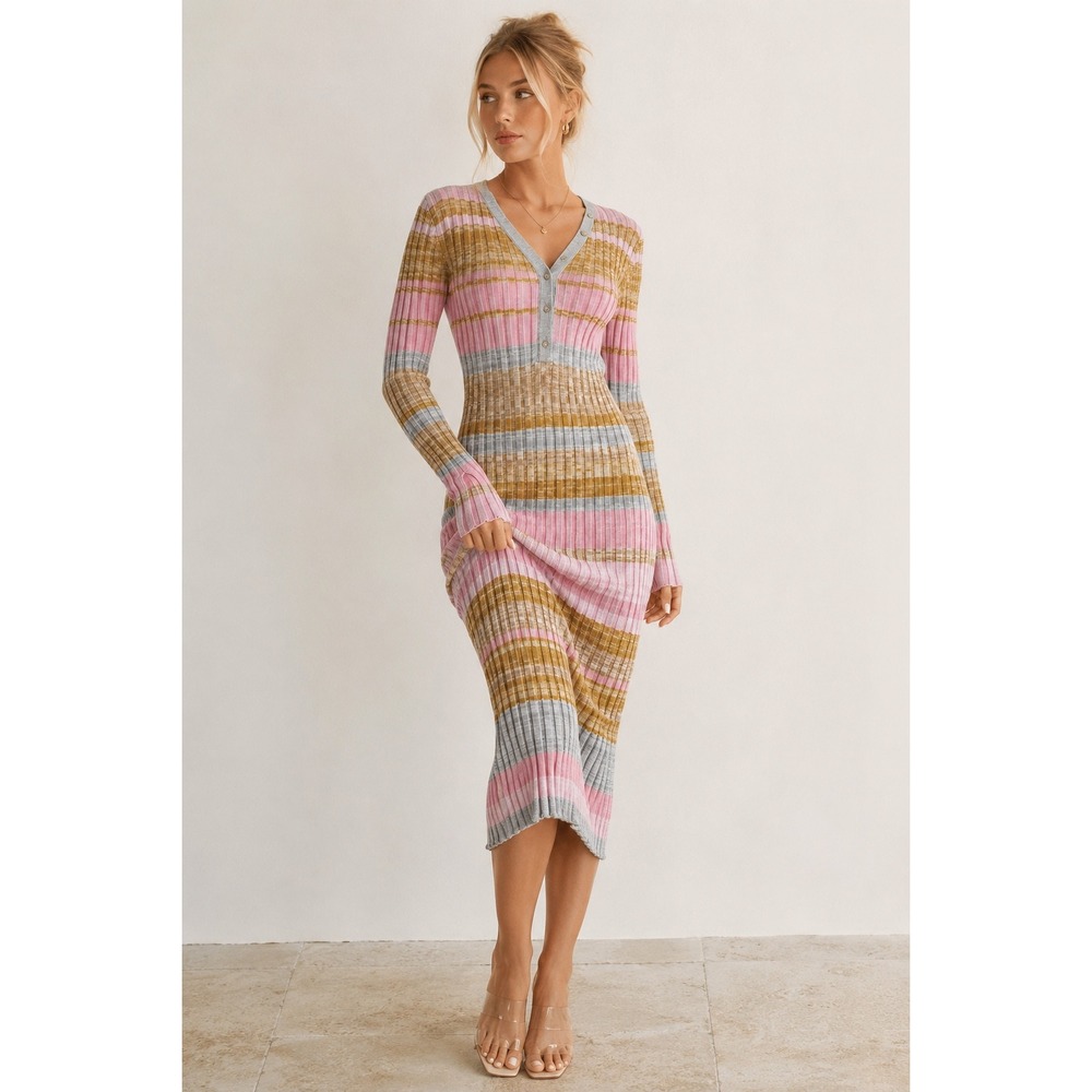 Willow & Wind Womens Striped Ribbed Knit V-Neck Long Sleeve Midi Dress S